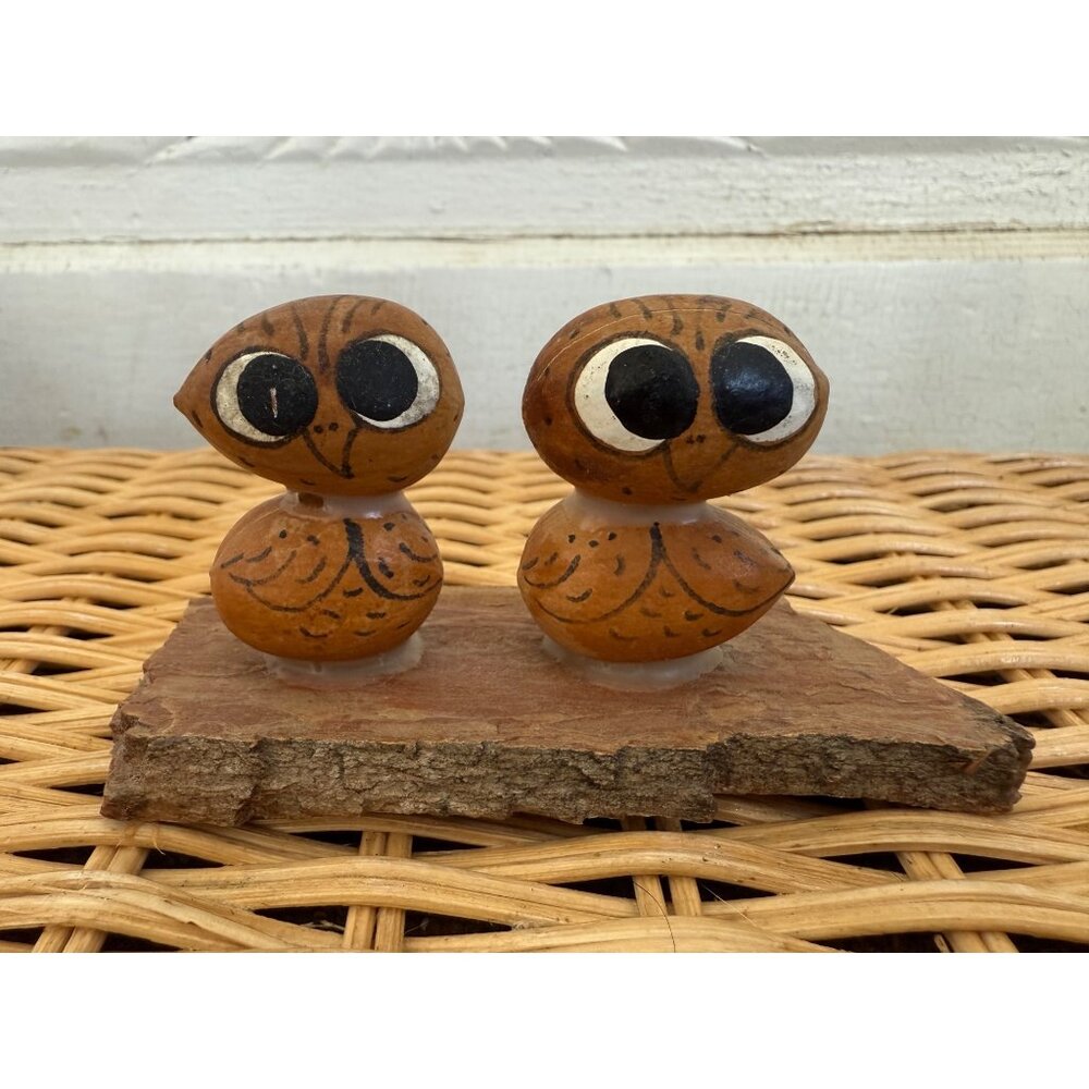 Vintage 70s Folk art Big Eyed Owls From Drift Wood Pecan Nuts